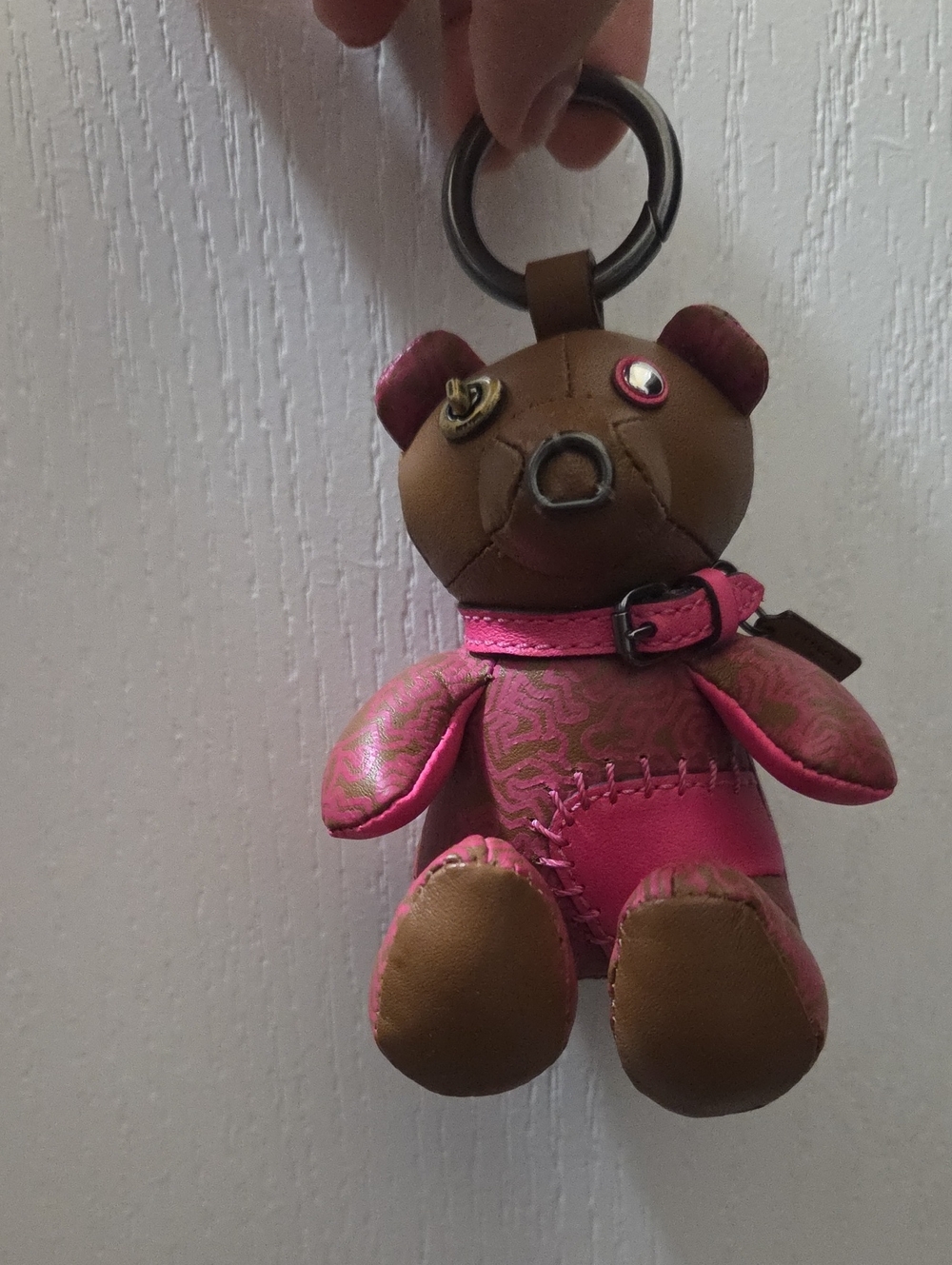 New Coach Pink and Brown Teddy Bear Leather Keychain / Bag Accessory